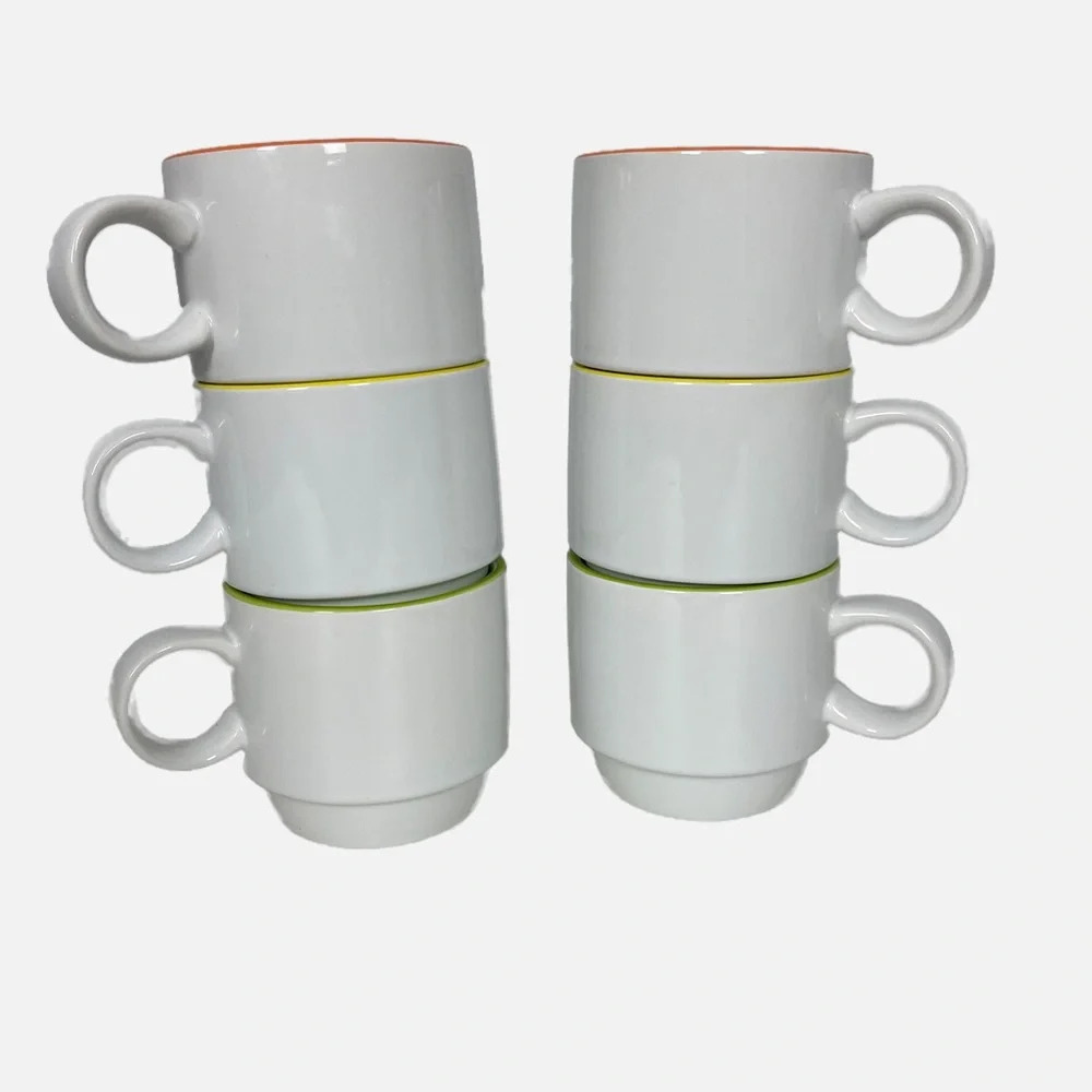 Crate & Barrel Pick Me Up‎ Set of 6 Stackable Coffee Mugs Orange Green Yellow